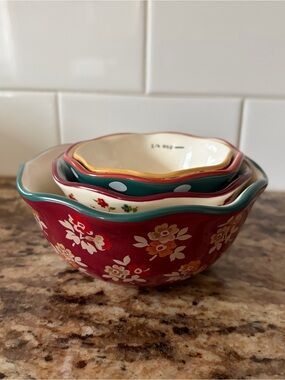 Set of 3 Floral Ceramic Nesting Bowls - Red, Teal, Cream